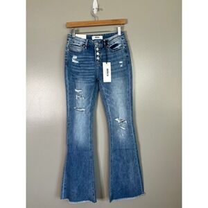 Mica mid rise flare button fly jeans size 26 distressed western casual festival